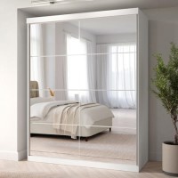 GRADE A1 - White Mirrored Sliding Door Double Wardrobe with Shelves - Sidney