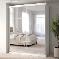 White Mirrored Sliding Door Double Wardrobe with Shelves - Sidney