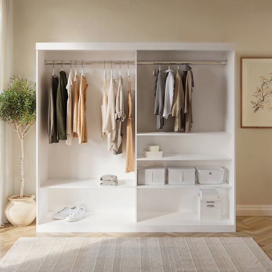 Large White Mirrored Sliding Door Double Wardrobe with Shelves - Sidney