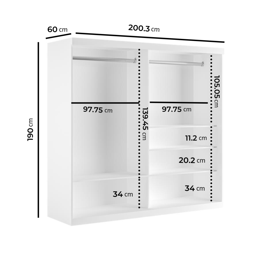 Large White Mirrored Sliding Door Double Wardrobe with Shelves - Sidney