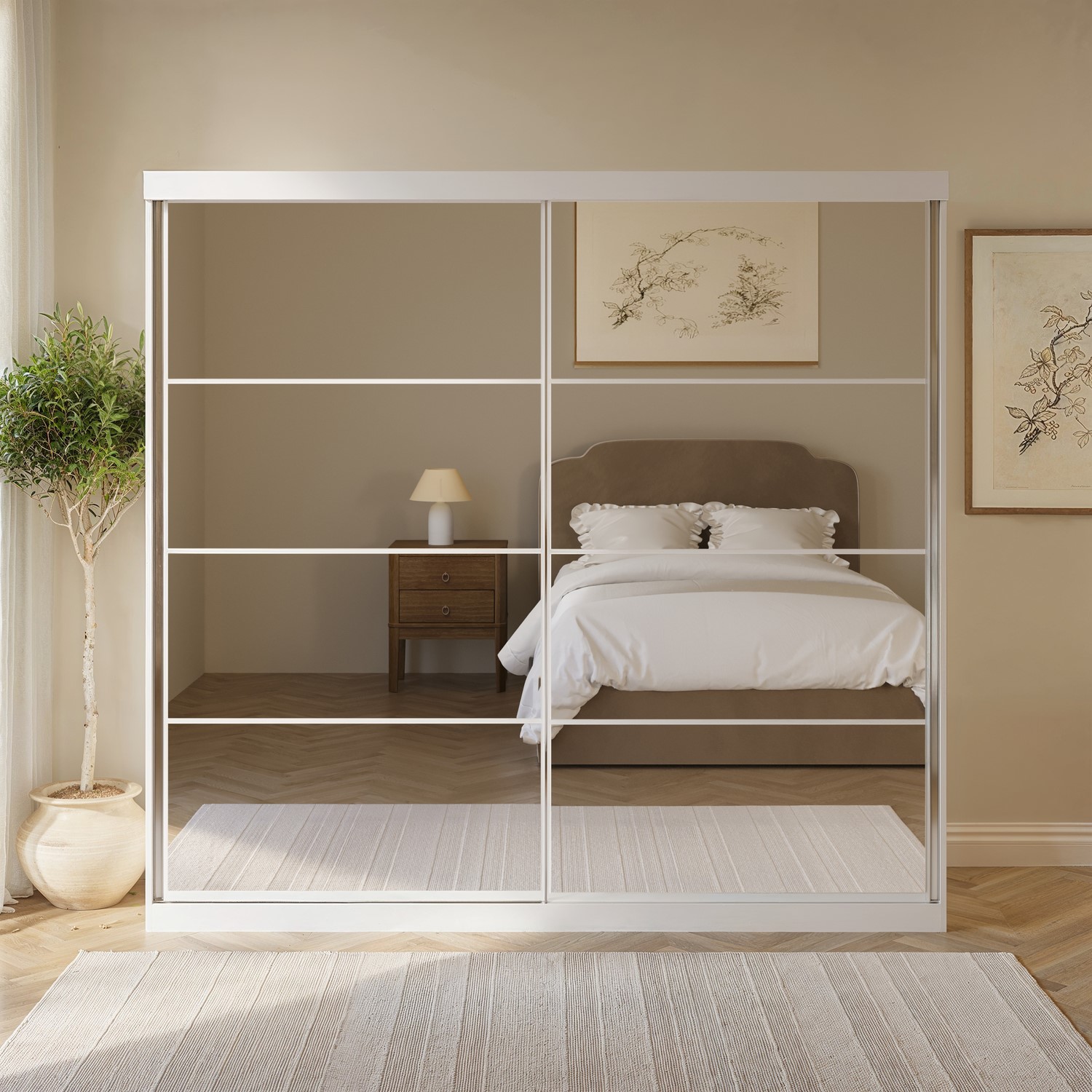 Large Mirrored Sliding Door Double Wardrobe Shelves