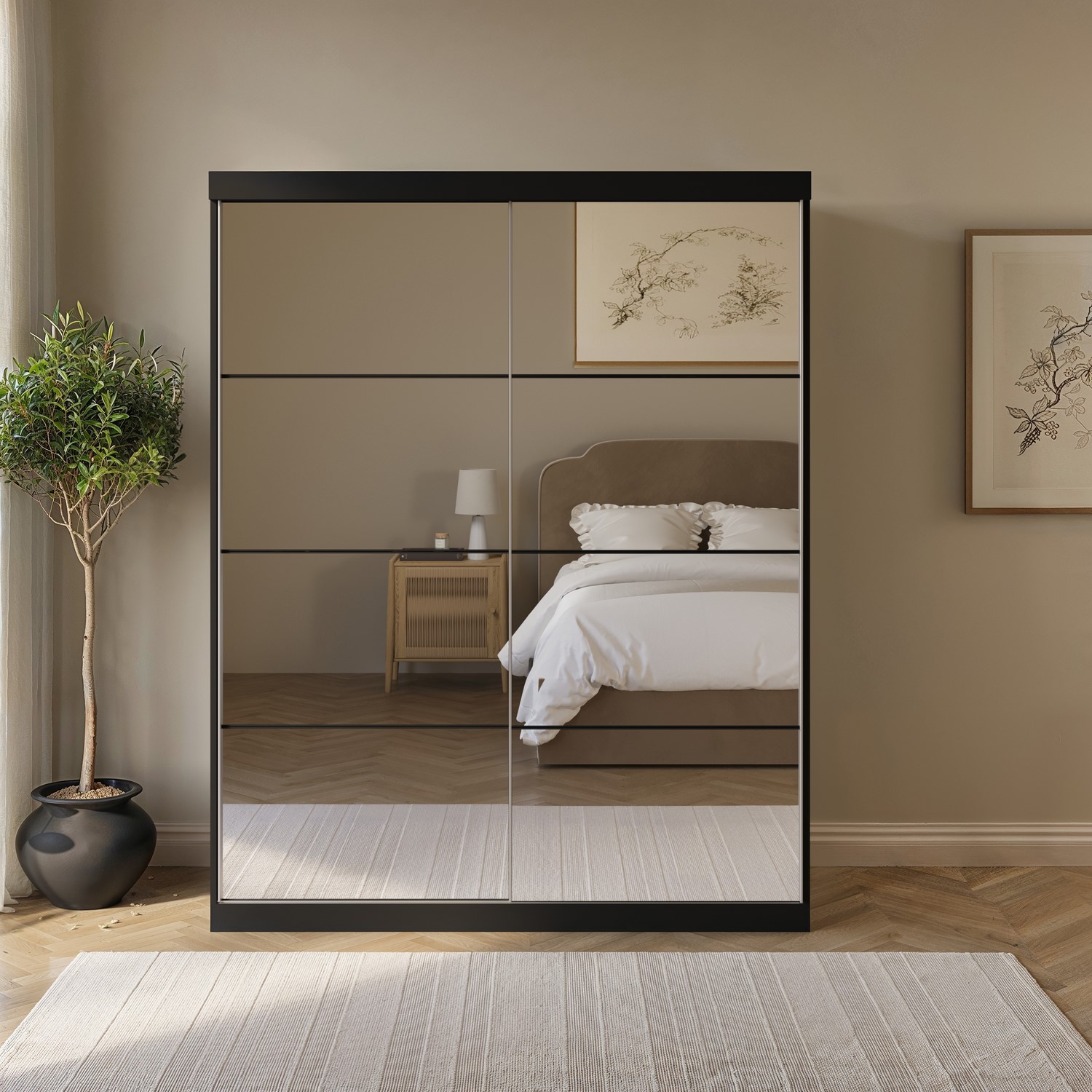 Mirrored Sliding Door Double Wardrobe Shelves