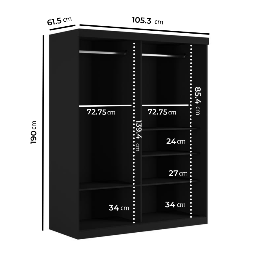 Black Mirrored Sliding Door Double Wardrobe with Shelves - Sidney