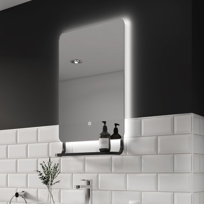 Sensio Harbour Rectangular Black Backlit LED Bathroom Mirror with Shelf 500 x 790mm