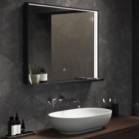 Sensio Element Rectangular Black LED Heated Bathroom Mirror with Shelf and Charger 800 x 600mm