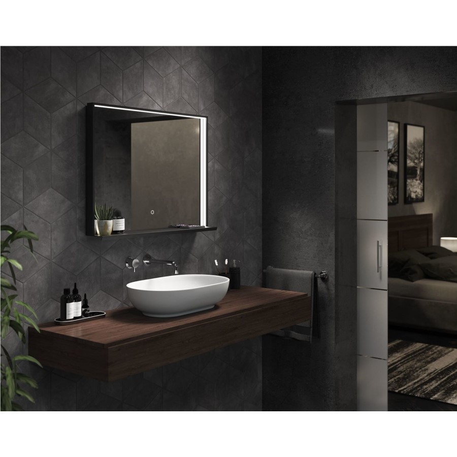 Sensio Element Rectangular Black LED Heated Bathroom Mirror with Shelf and Charger 800 x 600mm