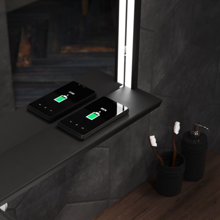Sensio Element Rectangular Black LED Heated Bathroom Mirror with Shelf and Charger 800 x 600mm