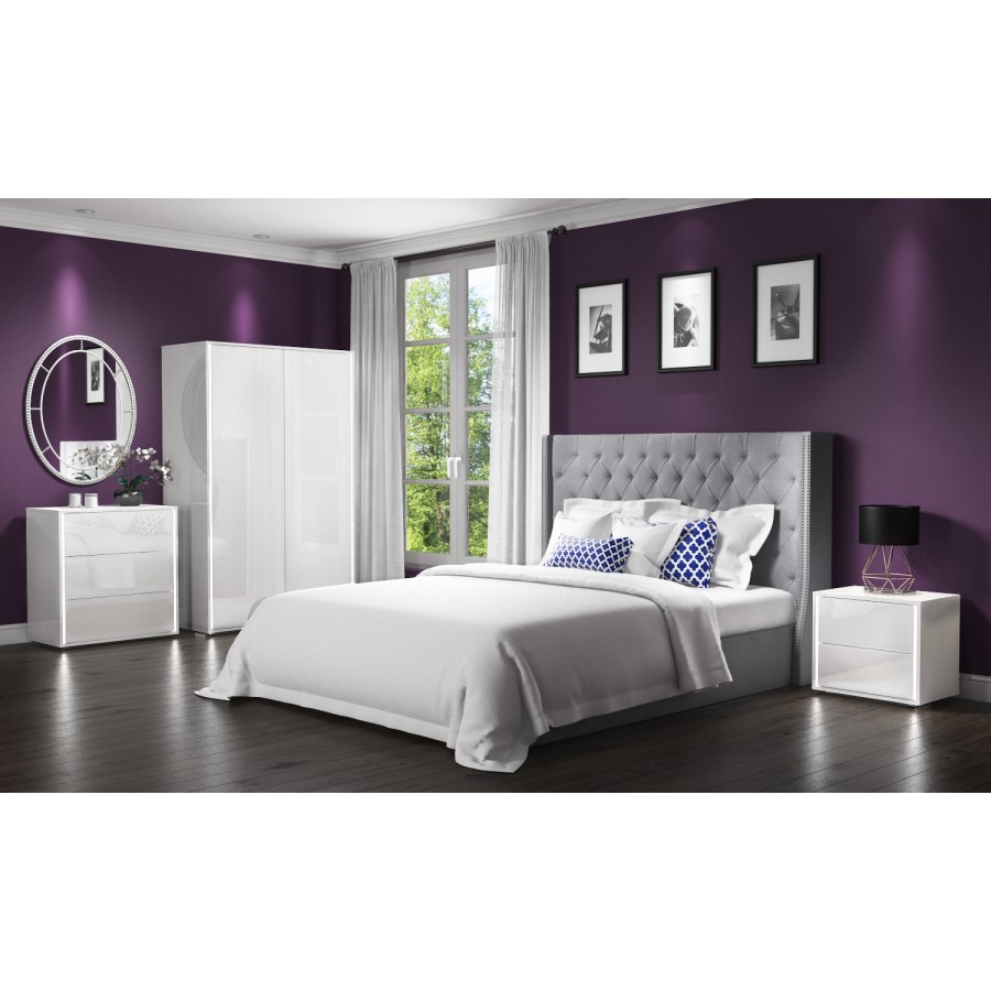 GRADE A1 - Selena White High Gloss Bedside Table With LED Light