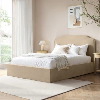 Beige Velvet Double Ottoman Bed with Scalloped Headboard - Siena