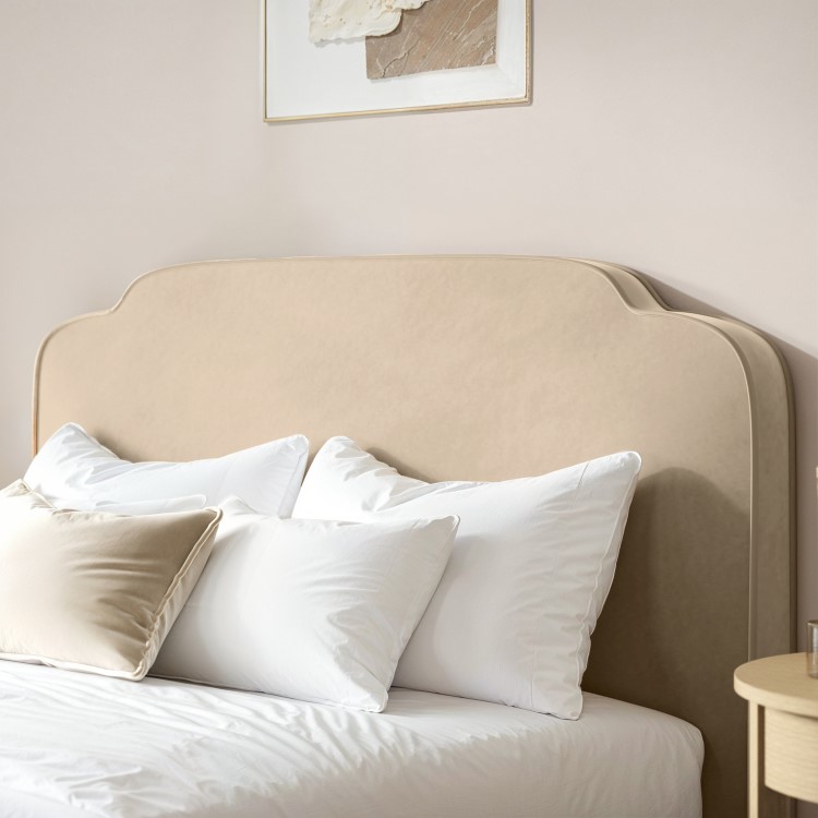 Beige Velvet Double Ottoman Bed with Scalloped Headboard - Siena