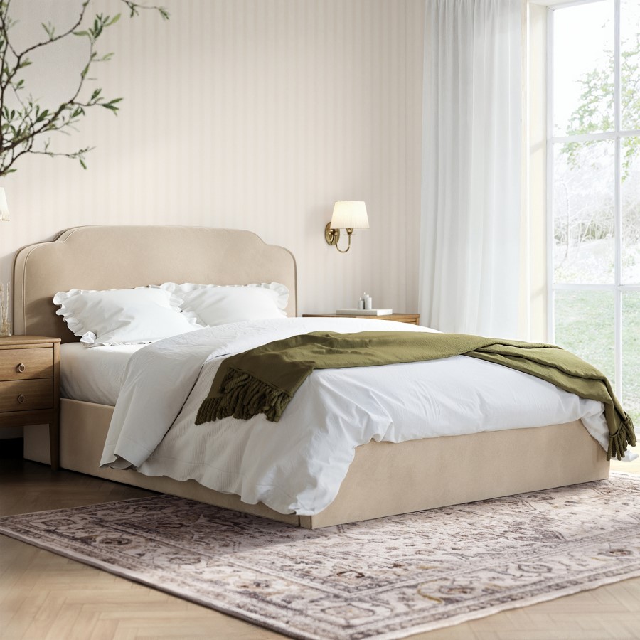 GRADE A1 - Beige Velvet King Size Ottoman Bed with Scalloped Headboard - Siena