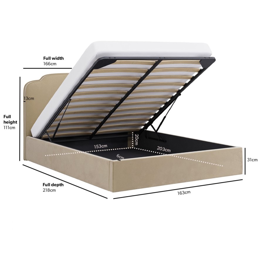 GRADE A1 - Beige Velvet King Size Ottoman Bed with Scalloped Headboard - Siena