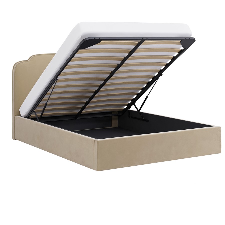 Beige Upholstered King Size Ottoman Bed with Scalloped Headboard - Siena