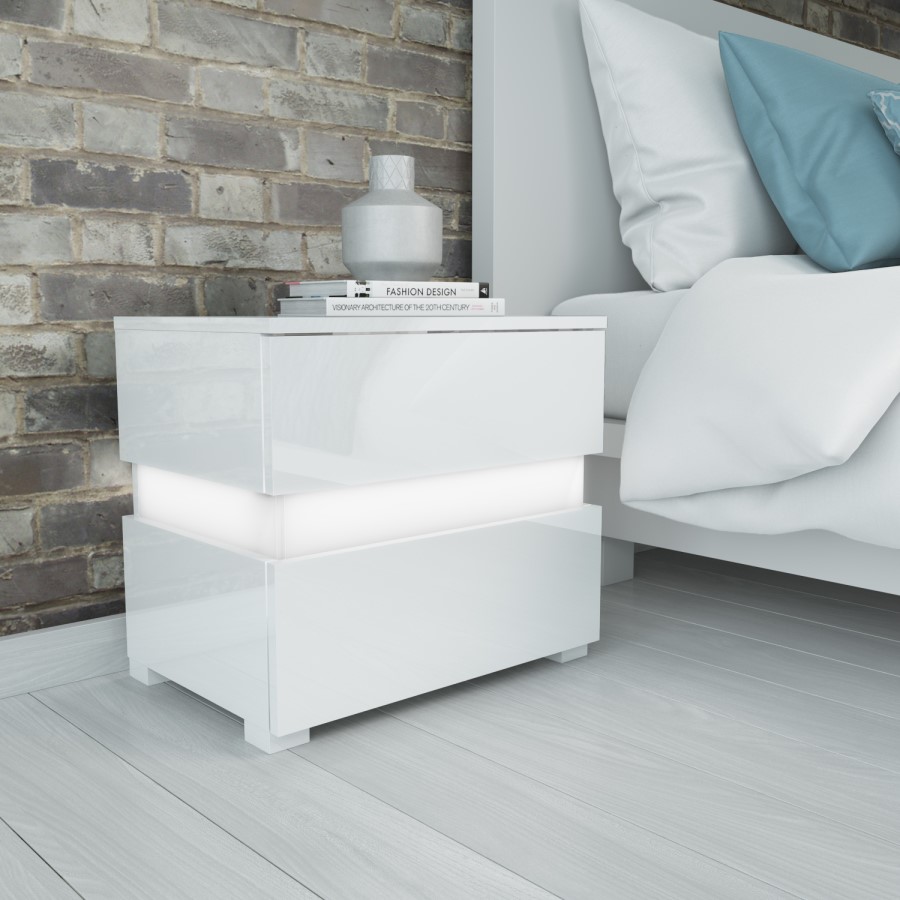 Sense White High Gloss Bedside Table with LED Light