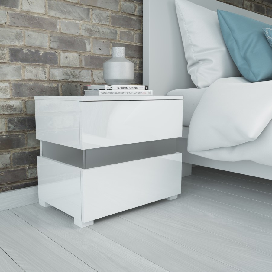 GRADE A1 - Sense White High Gloss Bedside Table with LED Light