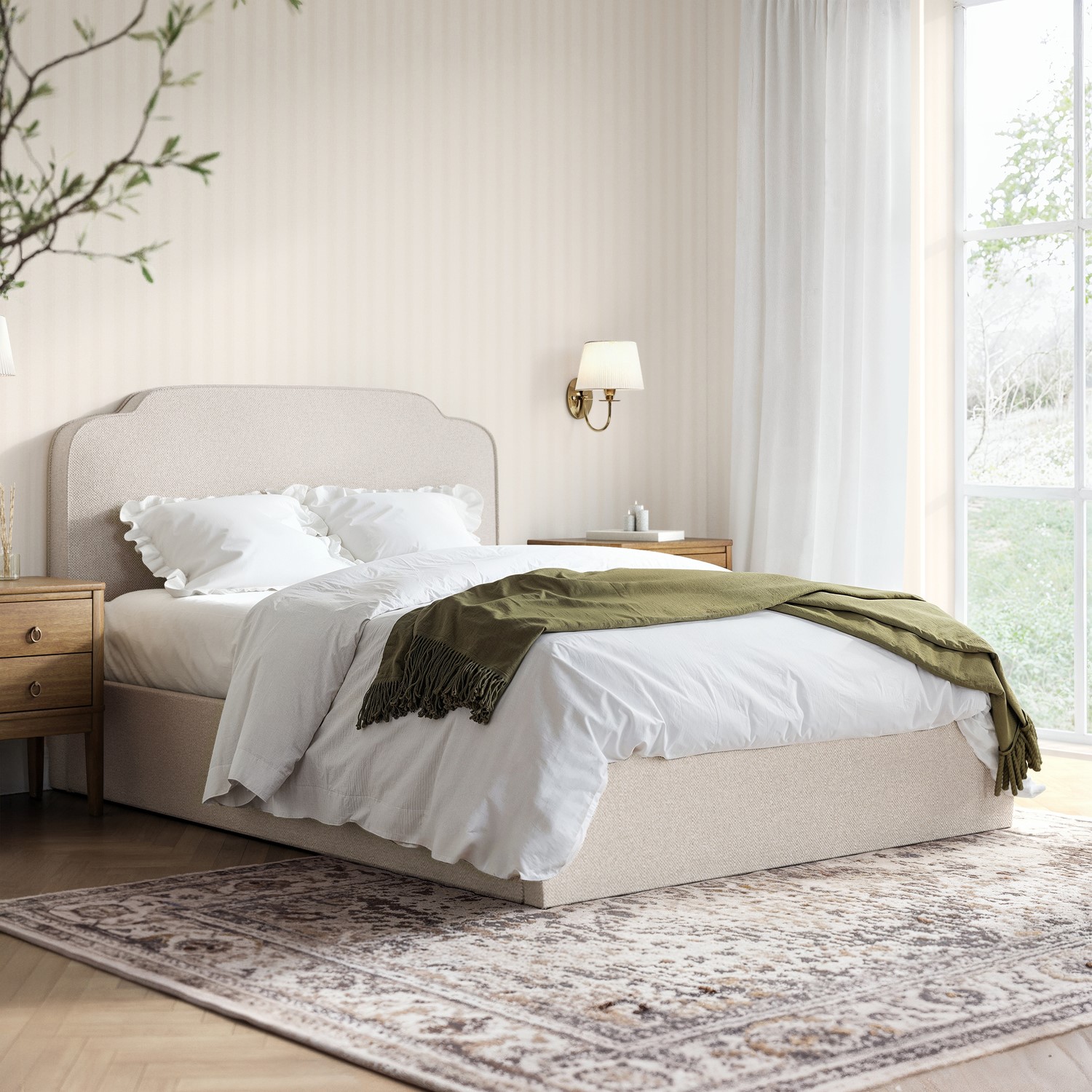 Siena Cream Upholstered Double Ottoman Bed With Scalloped Headboard