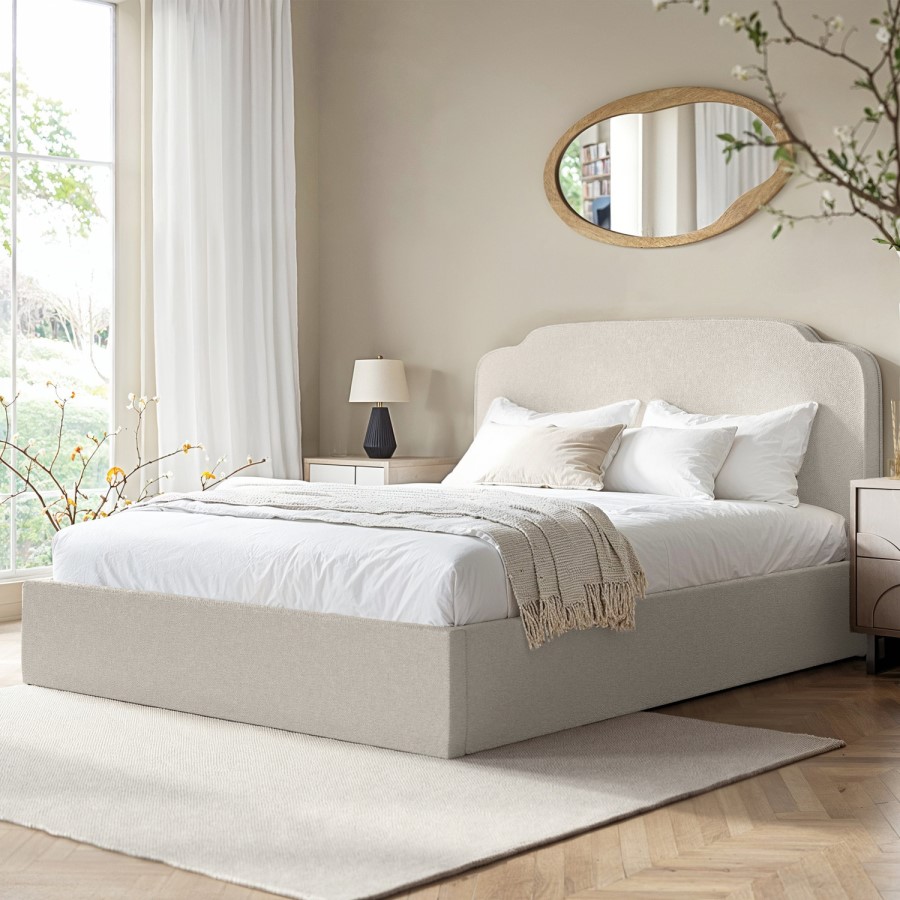 ONLY OPENED - Cream Upholstered King Size Ottoman Bed with Scalloped Headboard- Siena