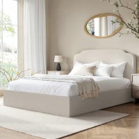 Cream Fabric King Size Ottoman Bed with Scalloped Headboard- Siena