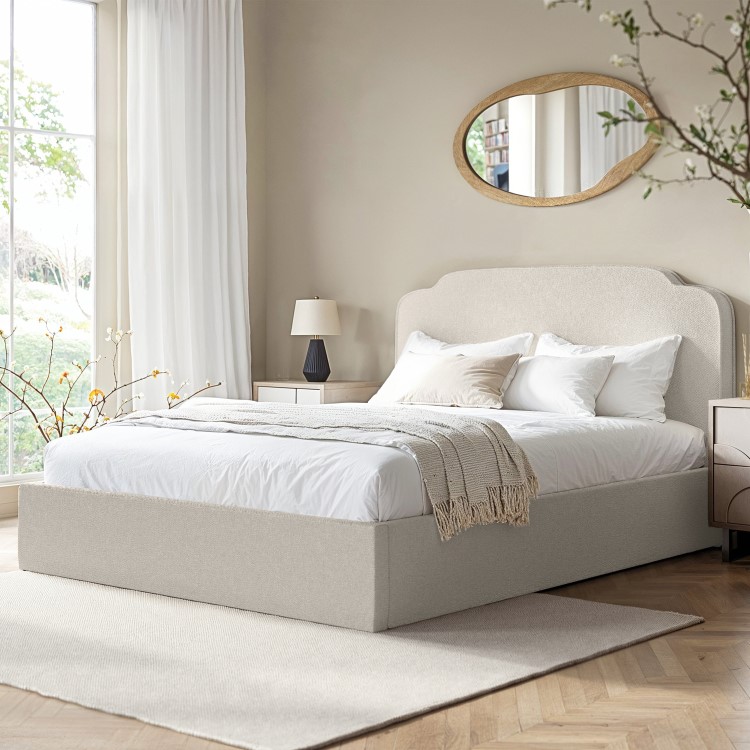 Cream Upholstered King Size Ottoman Bed with Scalloped Headboard- Siena