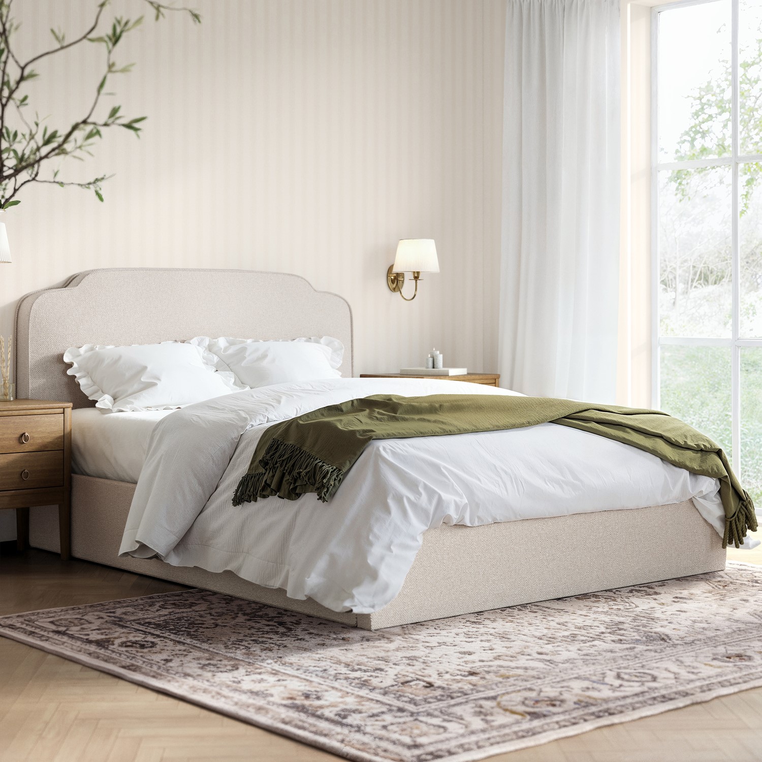 Siena Cream Upholstered King Size Ottoman Bed With Scalloped Headboard