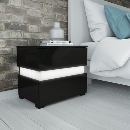 GRADE A1 Sense Black High Gloss Bedside Table with LED Light