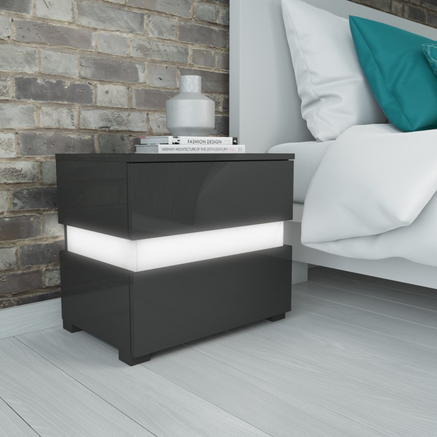 GRADE A1 - Sense Grey High Gloss Bedside Table with LED Light