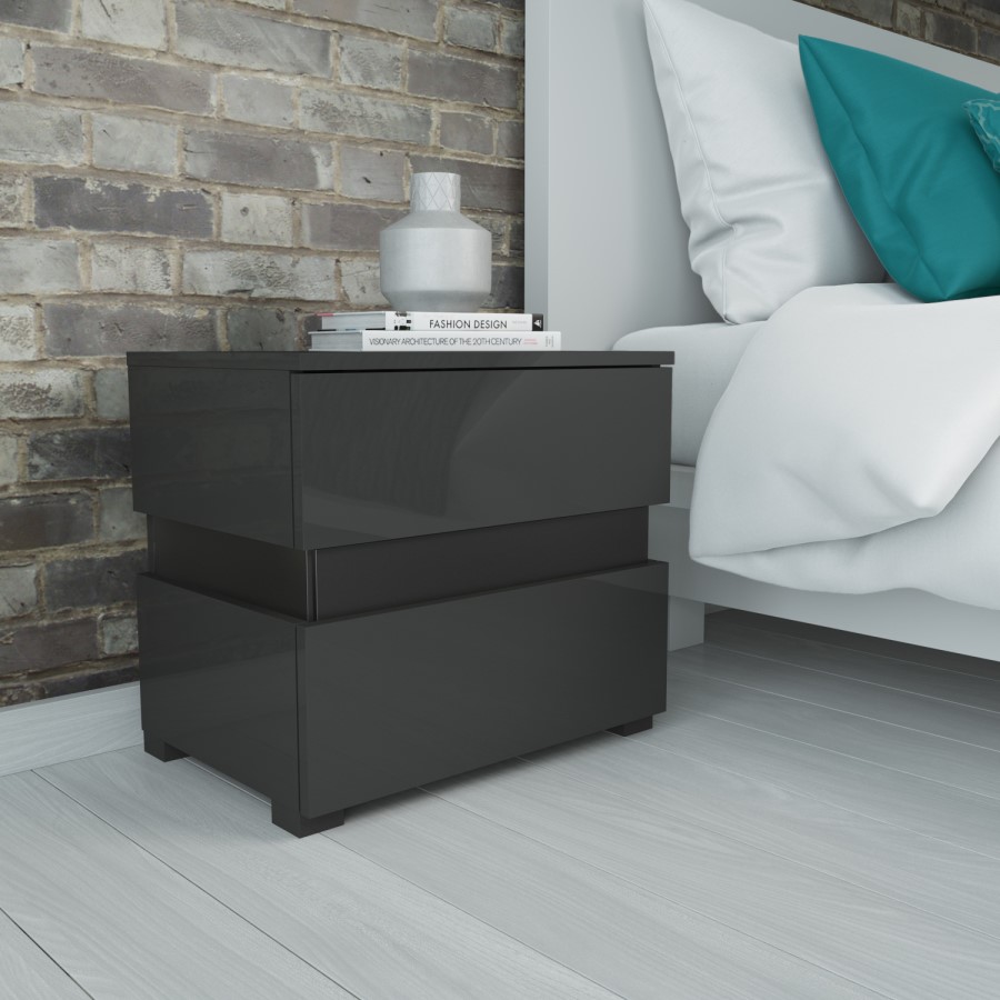 GRADE A1 - Sense Grey High Gloss Bedside Table with LED Light