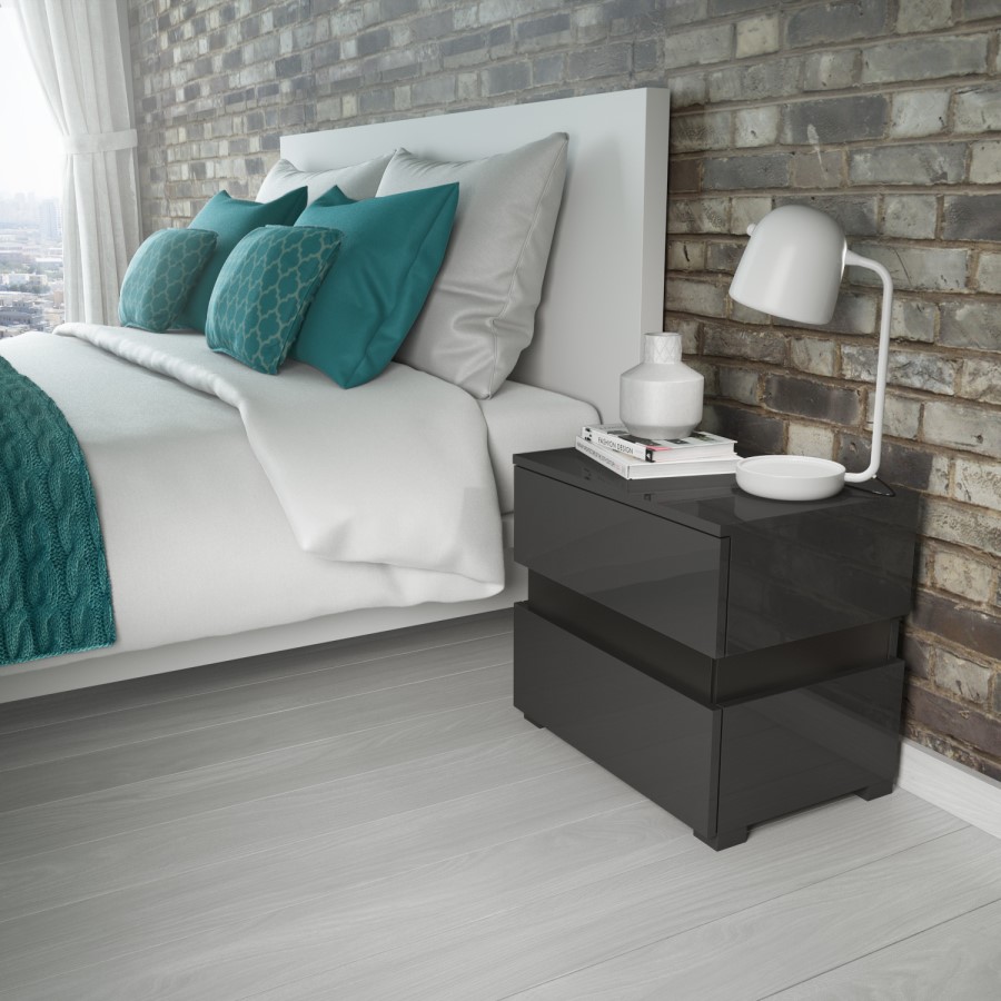 GRADE A1 - Sense Grey High Gloss Bedside Table with LED Light
