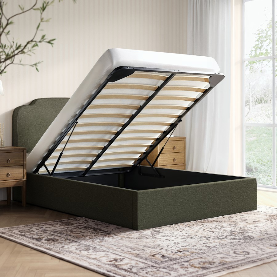 Green Chenille Double Ottoman Bed with Scalloped Headboard - Siena