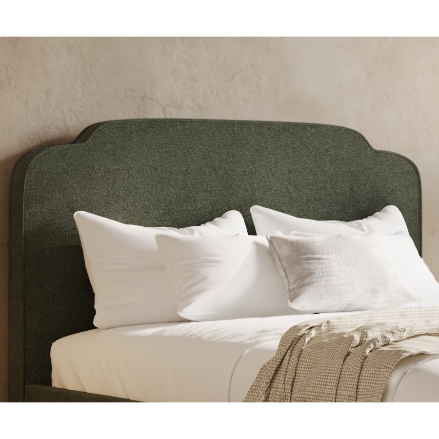 ONLY OPENED - Green Chenille Double Ottoman Bed with Scalloped Headboard - Siena