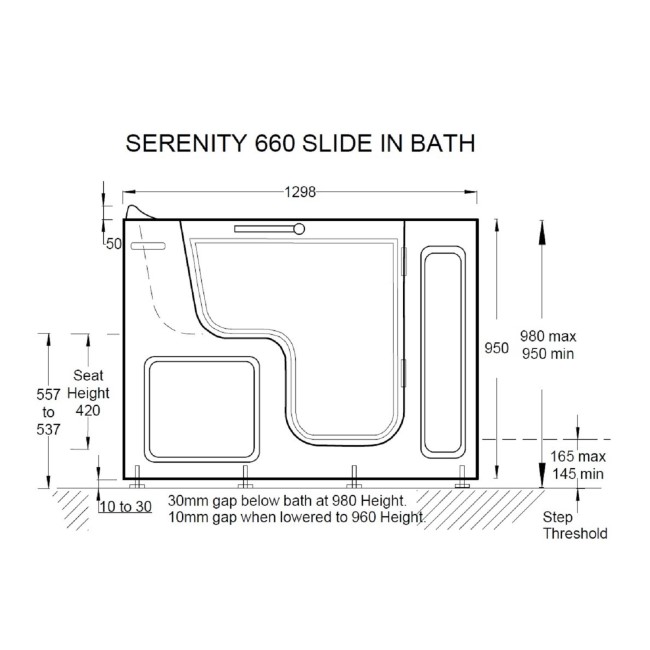 Right Hand Walk In Bath with Panels and Seat 1300 x 600mm - Serenity