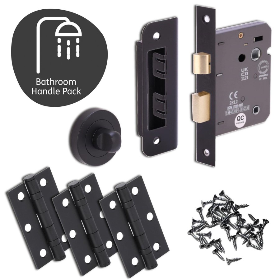 Internal Matt Black Lever Door Handle with Latch and Hinges Pack - 75mm Latch - Sesia - XL Joinery