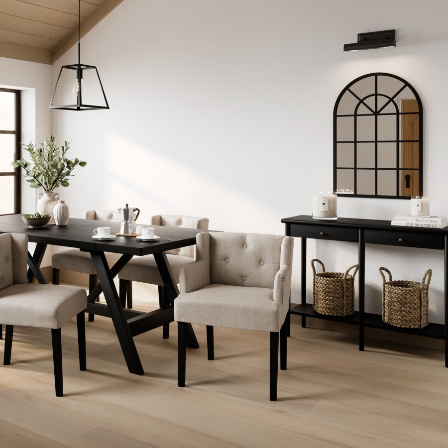 Beige Upholstered Buttoned Dining Chair with Arms - Shay