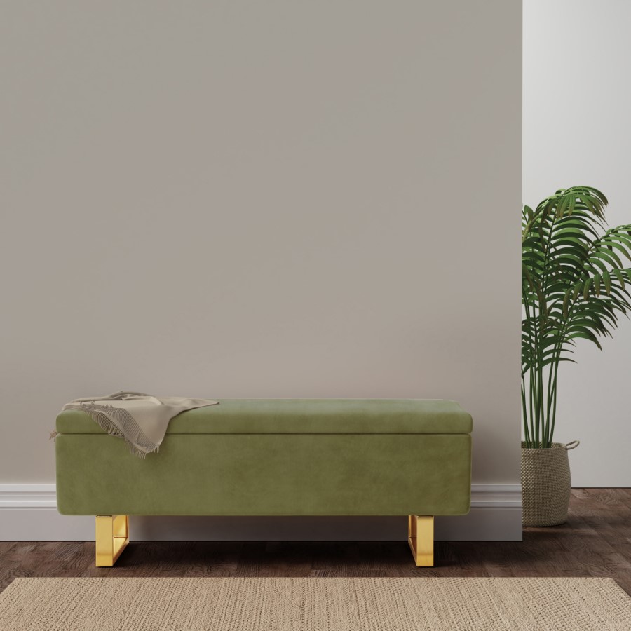 Sage Green Velvet Bench with Ottoman Storage - Shea