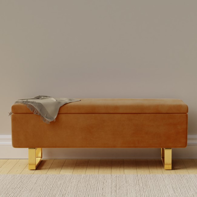 Burnt Orange Velvet Ottoman Storage Bench - Shea