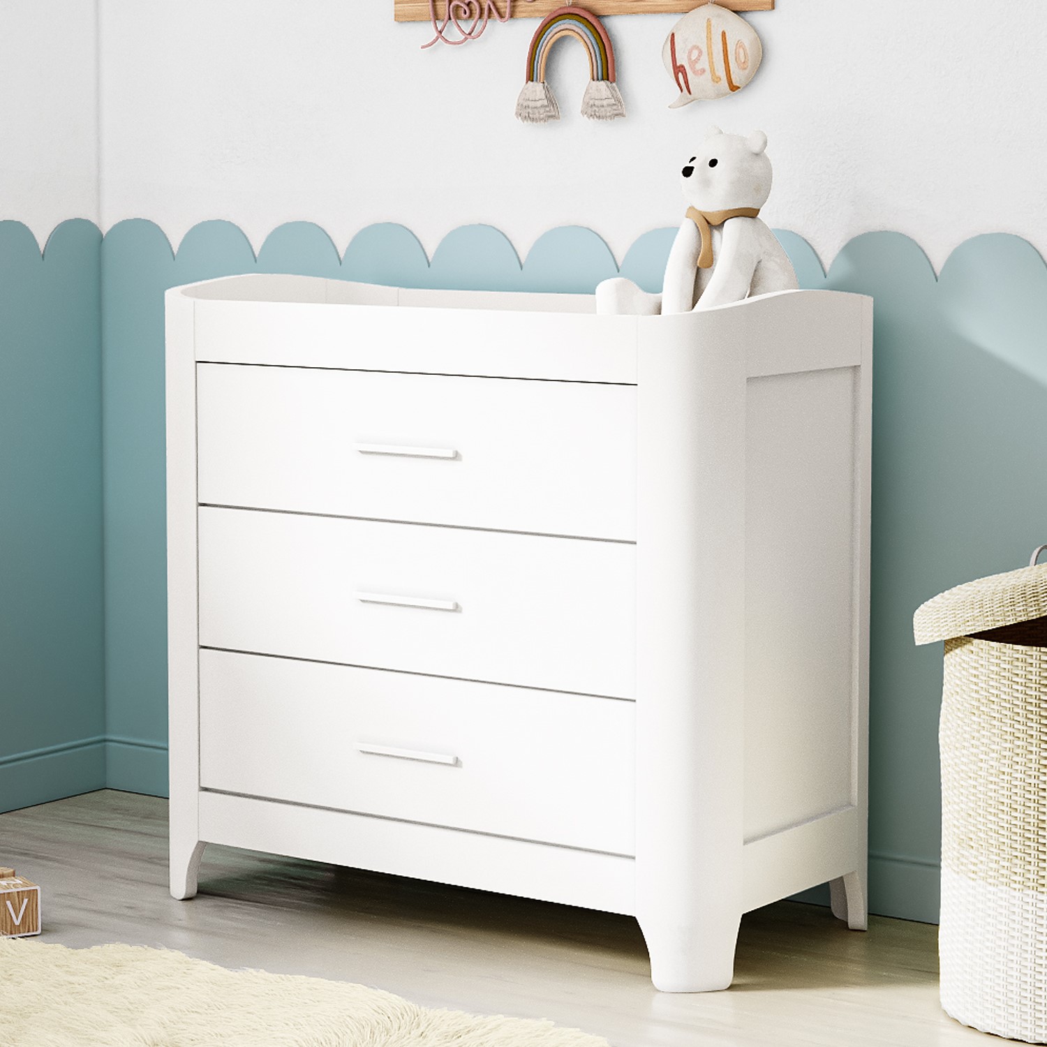 Photo of White pine wood changing unit with 3 drawers and curved edges - shiloh