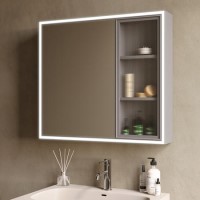 Double Door Beige Bathroom Mirror Cabinet with Lights Demister & Shaver Socket 780 x 700mm- Sidra