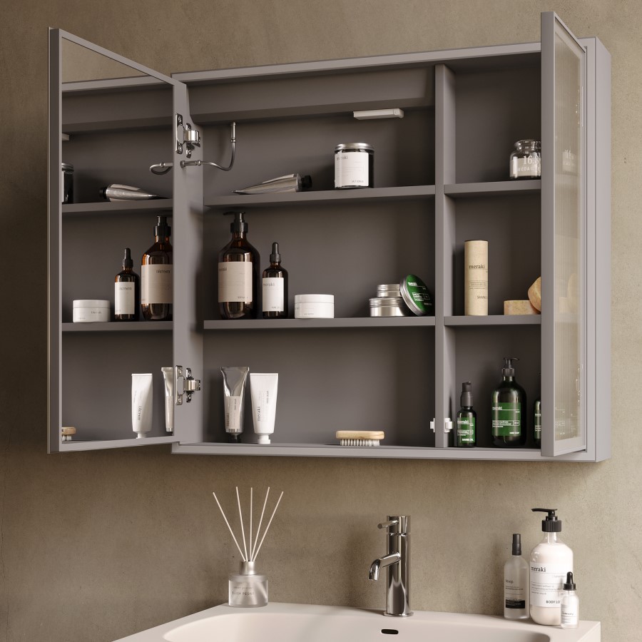 Double Door Beige Bathroom Mirror Cabinet with Lights Demister & Shaver Socket 780 x 700mm- Sidra