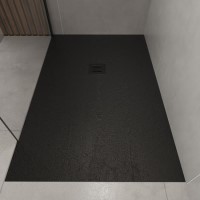 1700x800mm Stone Resin Black Slate Effect Low Profile Rectangular Shower Tray with Grate - Siltei