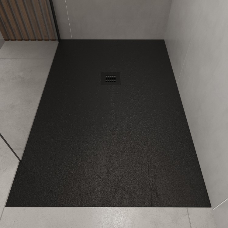 1700x800mm Rectangular Shower Tray with Grate - Black Stone Resin Slate Effect - Sileti