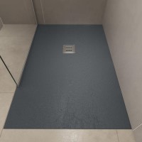 1000x800mm Stone Resin Anthracite Slate Effect Low Profile Rectangular Shower Tray with Grate - Siltei