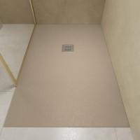 1000x800mm Stone Resin Cream Slate Effect Low Profile Rectangular Shower Tray with Grate - Siltei
