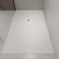 1700x800mm Stone Resin White Slate Effect Low Profile Rectangular Shower Tray with Grate - Siltei