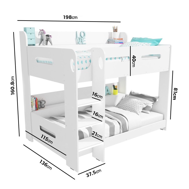 White Bunk Bed with Shelves - Sky