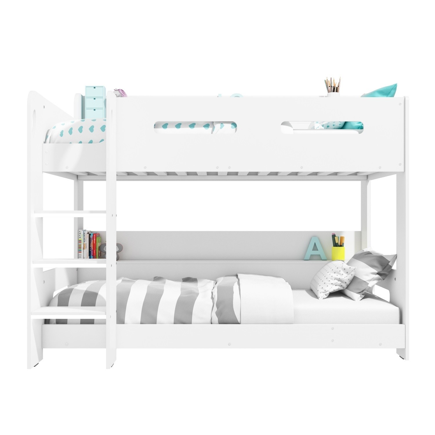 White Wooden Bunk Bed With Shelves, Bunk Bed Ladder Fix