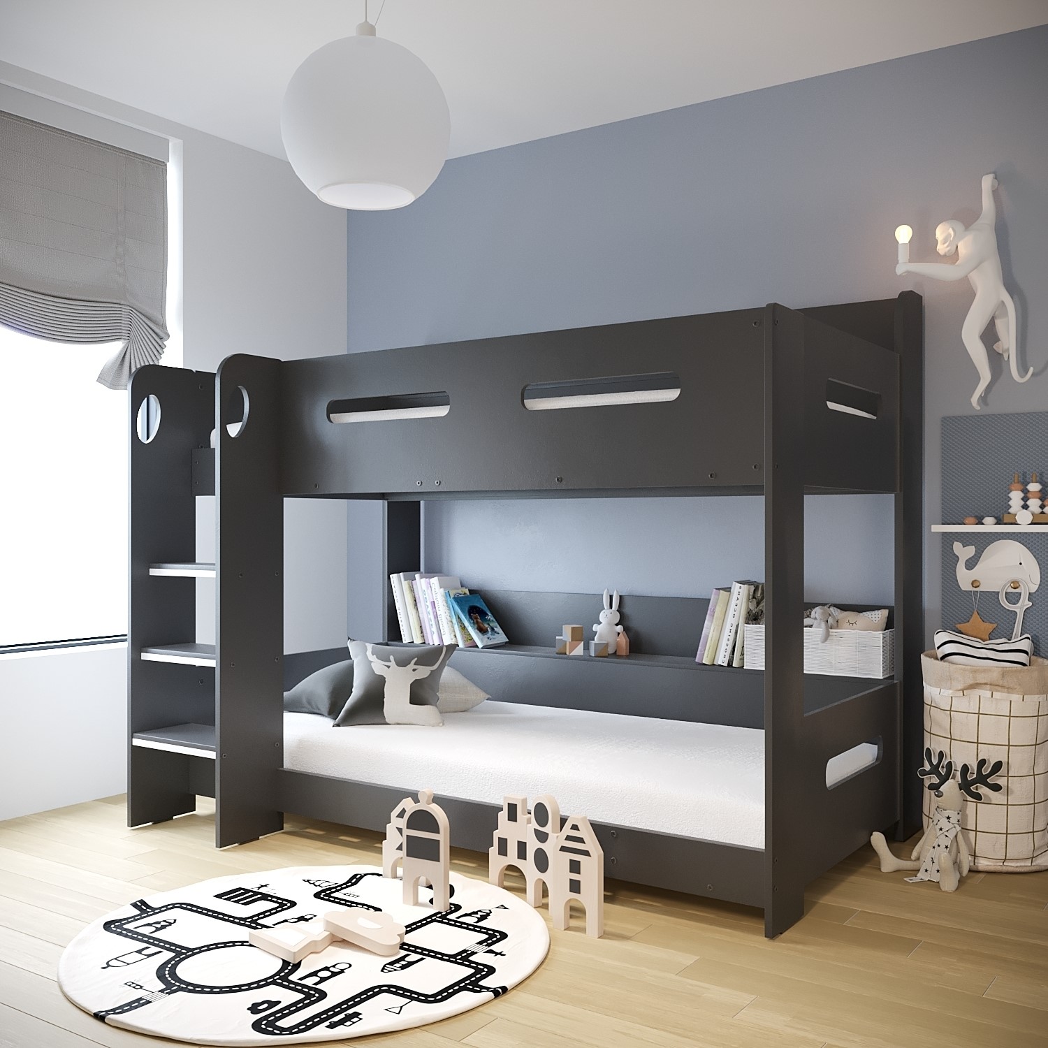 Photo of Dark grey bunk bed with storage shelves - ladder can be fitted either side