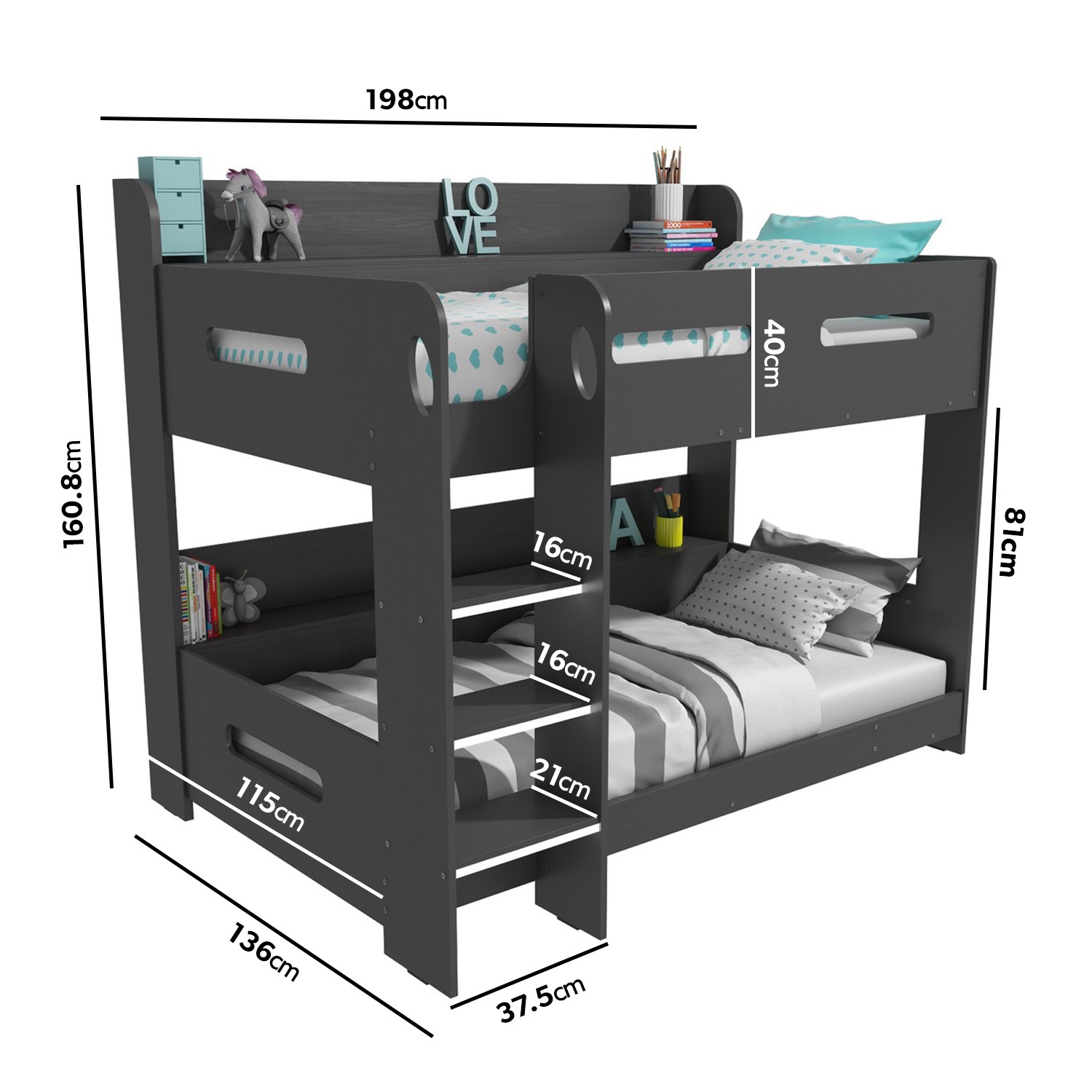 Dark Grey Wooden Bunk Bed With Shelves, Wooden Bunk Beds With Shelves