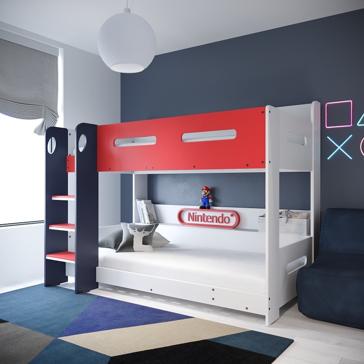 Red White and Blue Wooden Bunk Bed with Shelves - Sky