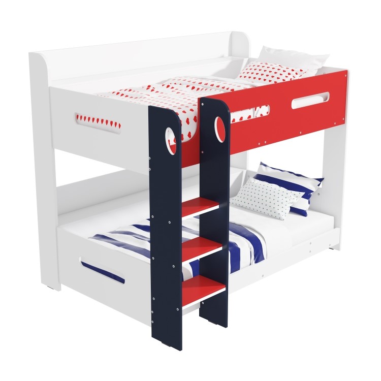 Red White and Blue Wooden Bunk Bed with Shelves - Sky