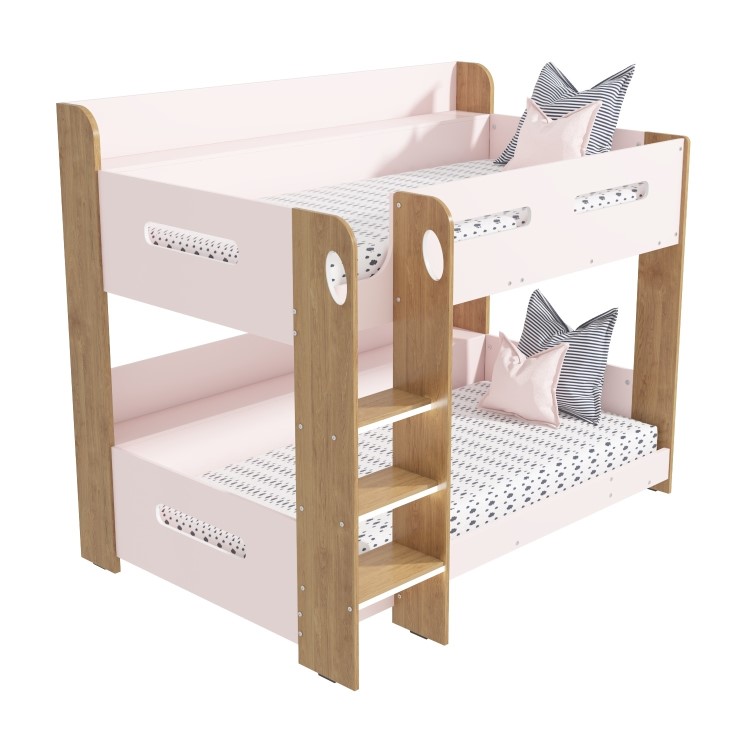 Blush Pink and Oak Wooden Bunk Bed with Shelves - Sky